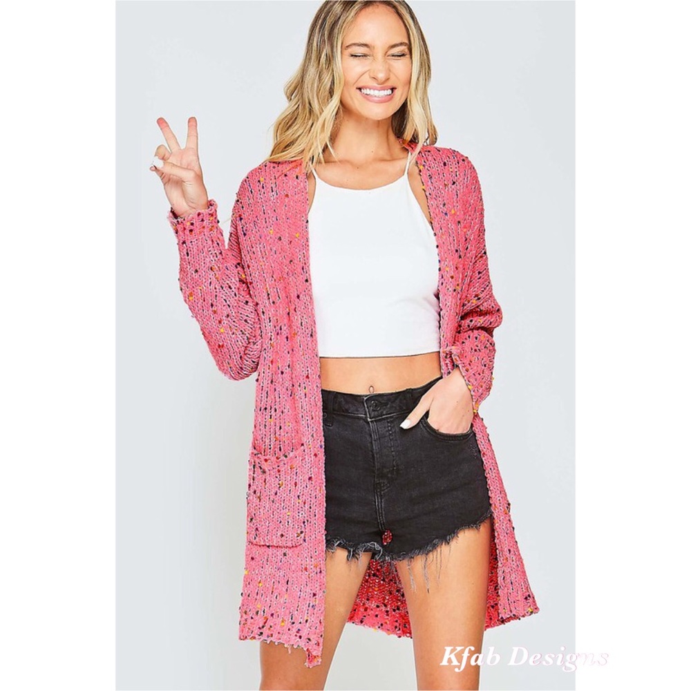 ❤️LAST! Pink Multi Color Pocket Sweater Cardigan - Picture 3 of 4